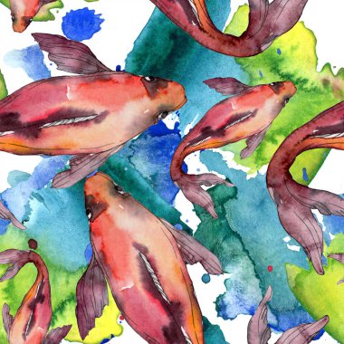 Su Balık seti. Kızıldeniz ve egzotik balıkları içinde: Goldfish. Suluboya resim kümesi. Suluboya çizim moda aquarelle. Sorunsuz arka plan deseni. Kumaş duvar kağıdı yazdırma doku.