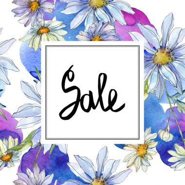 Chamomiles ve papatya ile yeşil yaprakları suluboya resim hazır, çerçeve kenarlık süsleme Satılık yazı ile