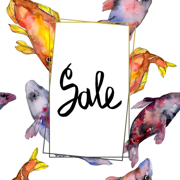 Spotted aquatic underwater colorful fish set. Red sea and exotic fishes inside. Watercolor background illustration set. Watercolour drawing fashion aquarelle isolated. Frame border ornament square.