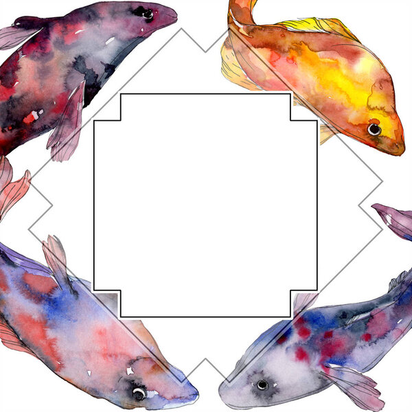 Spotted aquatic underwater colorful fish set. Red sea and exotic fishes inside. Watercolor background illustration set. Watercolour drawing fashion aquarelle isolated. Frame border ornament square.