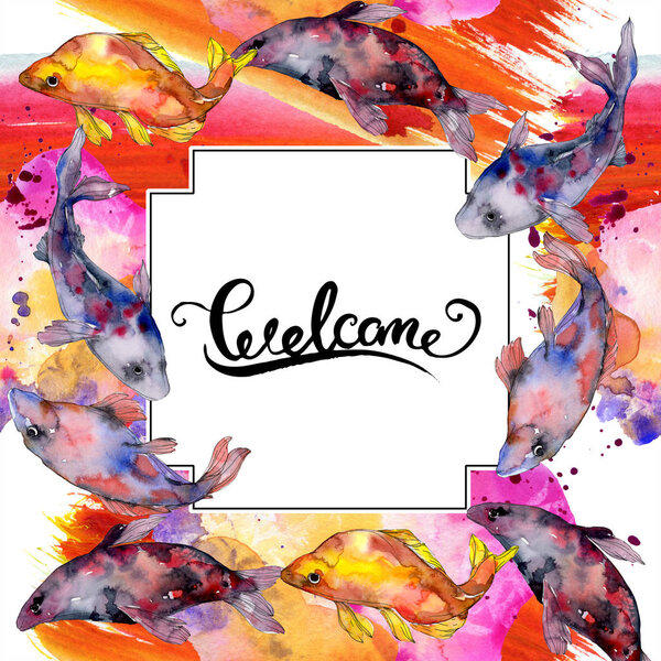 Spotted aquatic underwater colorful fish set. Red sea and exotic fishes inside. Watercolor background illustration set. Watercolour drawing fashion aquarelle isolated. Frame border ornament square.