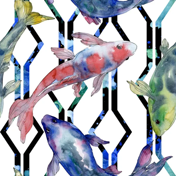Spotted aquatic underwater colorful fish set. Red sea and exotic fishes inside. Watercolor illustration set. Watercolour drawing fashion aquarelle. Seamless background pattern. Fabric wallpaper print.