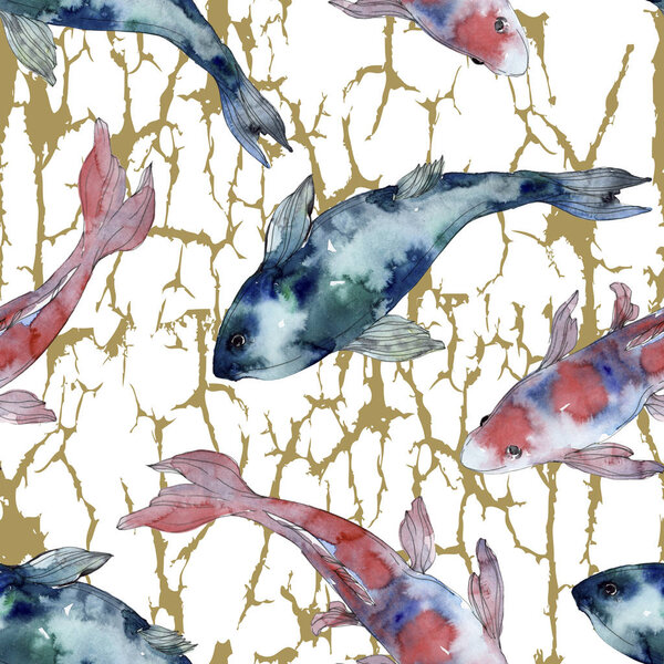 Spotted aquatic underwater colorful fish set. Red sea and exotic fishes inside. Watercolor illustration set. Watercolour drawing fashion aquarelle. Seamless background pattern. Fabric wallpaper print.