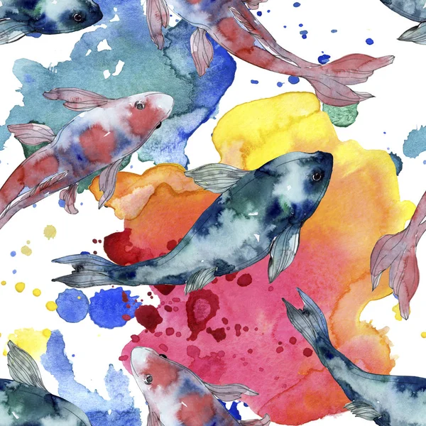 Spotted aquatic underwater colorful fish set. Red sea and exotic fishes inside. Watercolor illustration set. Watercolour drawing fashion aquarelle. Seamless background pattern. Fabric wallpaper print.