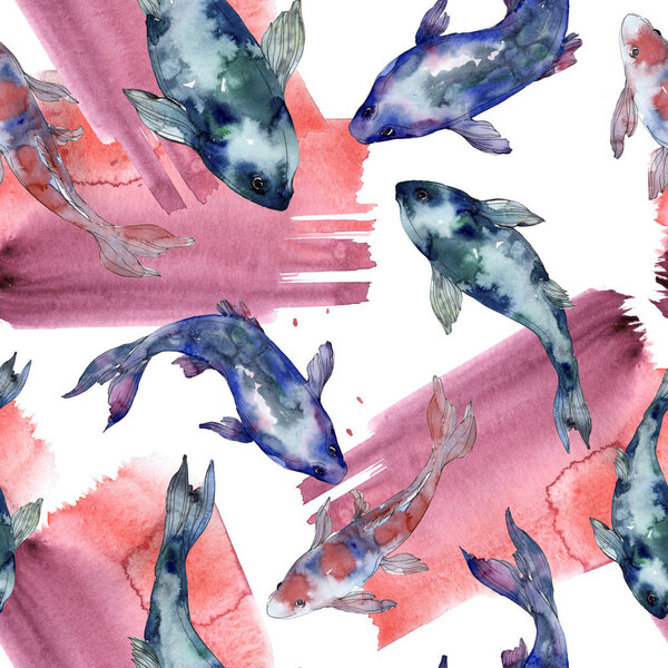 Spotted aquatic underwater colorful fish set. Red sea and exotic fishes inside. Watercolor illustration set. Watercolour drawing fashion aquarelle. Seamless background pattern. Fabric wallpaper print.