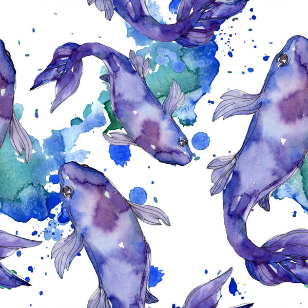Aquatic fish set. Red sea and exotic fishes inside: Goldfish. Watercolor illustration set. Watercolour drawing fashion aquarelle. Seamless background pattern. Fabric wallpaper print texture.