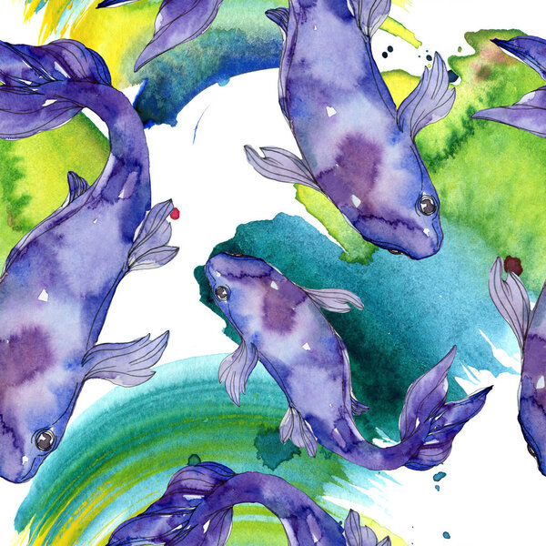 Aquatic fish set. Red sea and exotic fishes inside: Goldfish. Watercolor illustration set. Watercolour drawing fashion aquarelle. Seamless background pattern. Fabric wallpaper print texture.
