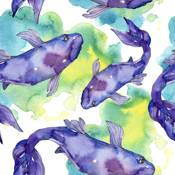 Aquatic fish set. Red sea and exotic fishes inside: Goldfish. Watercolor illustration set. Watercolour drawing fashion aquarelle. Seamless background pattern. Fabric wallpaper print texture.