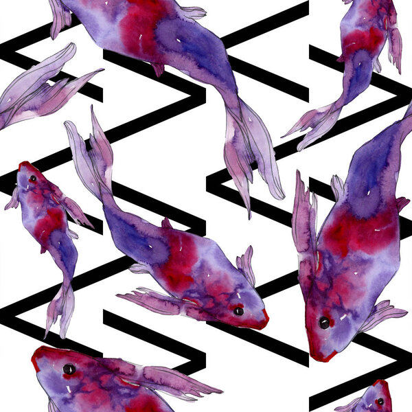 Aquatic fish set. Red sea and exotic fishes inside: Goldfish. Watercolor illustration set. Watercolour drawing fashion aquarelle. Seamless background pattern. Fabric wallpaper print texture.