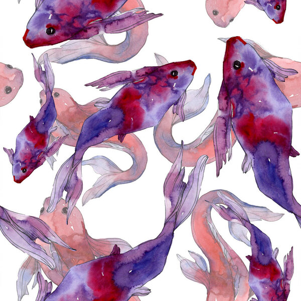 Aquatic fish set. Red sea and exotic fishes inside: Goldfish. Watercolor illustration set. Watercolour drawing fashion aquarelle. Seamless background pattern. Fabric wallpaper print texture.
