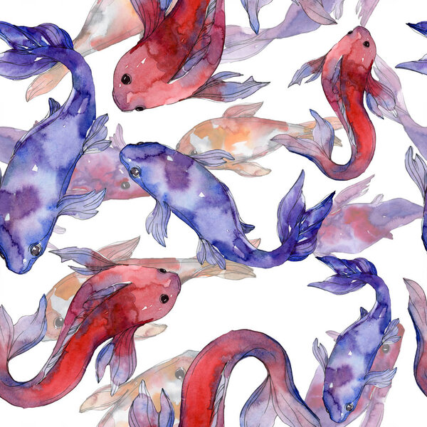 Aquatic fish set. Red sea and exotic fishes inside: Goldfish. Watercolor illustration set. Watercolour drawing fashion aquarelle. Seamless background pattern. Fabric wallpaper print texture.