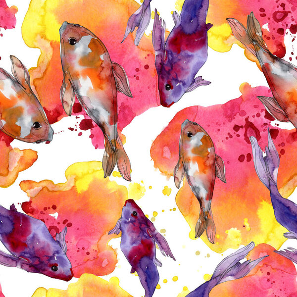 Водный набор рыб. Красное море и экзотические рыбы внутри: Золотая рыбка. Набор акварельных рисунков. Акварель для рисования акварелью. Бесшовный рисунок фона. Текстура ткани для печати обоев
.