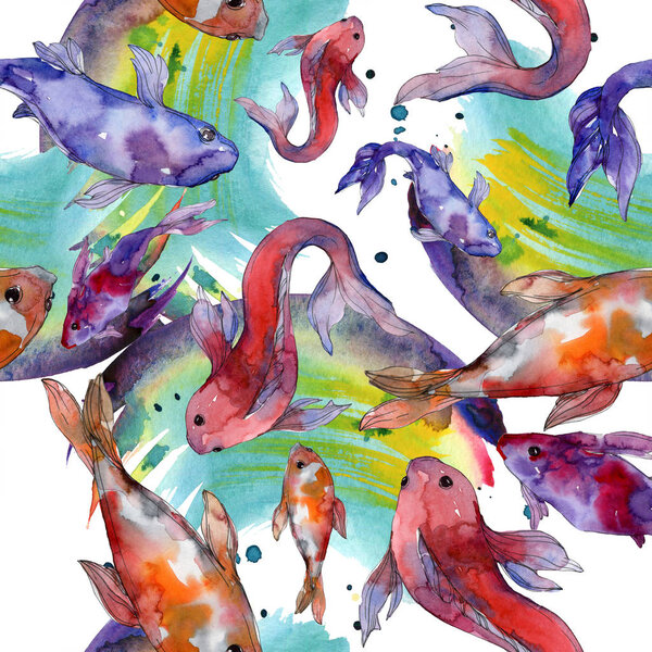 Водный набор рыб. Красное море и экзотические рыбы внутри: Золотая рыбка. Набор акварельных рисунков. Акварель для рисования акварелью. Бесшовный рисунок фона. Текстура ткани для печати обоев
.