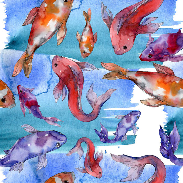 Aquatic fish set. Red sea and exotic fishes inside: Goldfish. Watercolor illustration set. Watercolour drawing fashion aquarelle. Seamless background pattern. Fabric wallpaper print texture.
