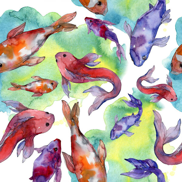 Aquatic fish set. Red sea and exotic fishes inside: Goldfish. Watercolor illustration set. Watercolour drawing fashion aquarelle. Seamless background pattern. Fabric wallpaper print texture.