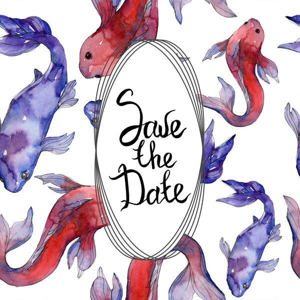 Aquatic underwater tropical fish set. Red sea and exotic fishes inside: Goldfish. Watercolor background illustration set. Watercolour drawing fashion aquarelle isolated. Frame border ornament square.