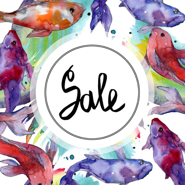 Aquatic underwater tropical fish set. Red sea and exotic fishes inside: Goldfish. Watercolor background illustration set. Watercolour drawing fashion aquarelle isolated. Frame border ornament square.
