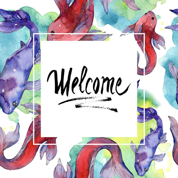 Aquatic underwater tropical fish set. Red sea and exotic fishes inside: Goldfish. Watercolor background illustration set. Watercolour drawing fashion aquarelle isolated. Frame border ornament square.