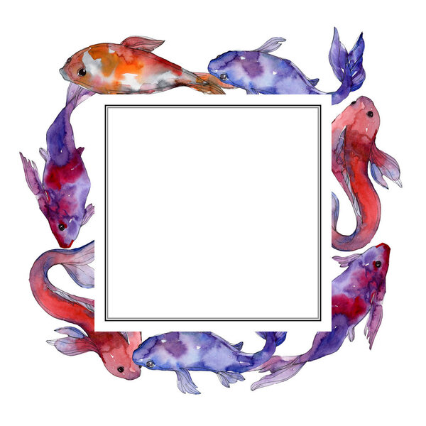 Aquatic underwater tropical fish set. Red sea and exotic fishes inside: Goldfish. Watercolor background illustration set. Watercolour drawing fashion aquarelle isolated. Frame border ornament square.