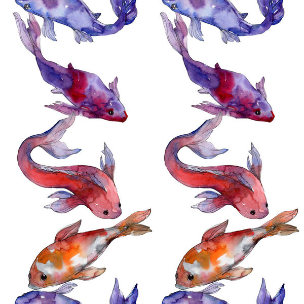 Aquatic fish set. Red sea and exotic fishes inside: Goldfish. Watercolor illustration set. Watercolour drawing fashion aquarelle. Seamless background pattern. Fabric wallpaper print texture.