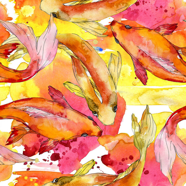 Aquatic fish set. Red sea and exotic fishes inside: Goldfish. Watercolor illustration set. Watercolour drawing fashion aquarelle. Seamless background pattern. Fabric wallpaper print texture.