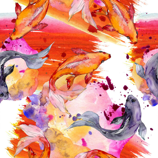 Водный набор рыб. Красное море и экзотические рыбы внутри: Золотая рыбка. Набор акварельных рисунков. Акварель для рисования акварелью. Бесшовный рисунок фона. Текстура ткани для печати обоев
.