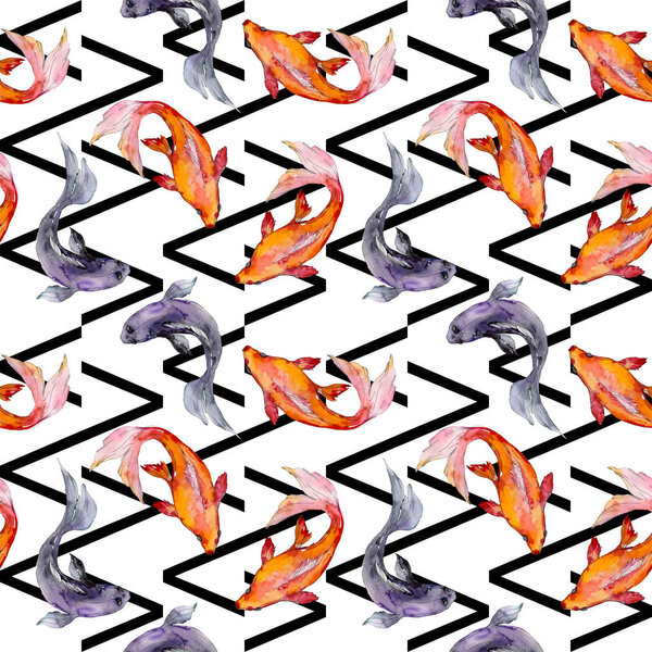 Aquatic fish set. Red sea and exotic fishes inside: Goldfish. Watercolor illustration set. Watercolour drawing fashion aquarelle. Seamless background pattern. Fabric wallpaper print texture.