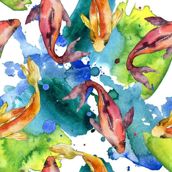 Aquatic fish set. Red sea and exotic fishes inside: Goldfish. Watercolor illustration set. Watercolour drawing fashion aquarelle. Seamless background pattern. Fabric wallpaper print texture.