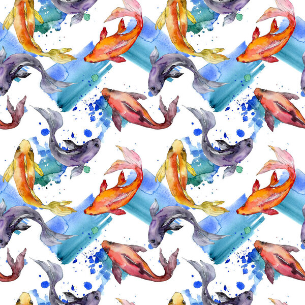 Aquatic fish set. Red sea and exotic fishes inside: Goldfish. Watercolor illustration set. Watercolour drawing fashion aquarelle. Seamless background pattern. Fabric wallpaper print texture.