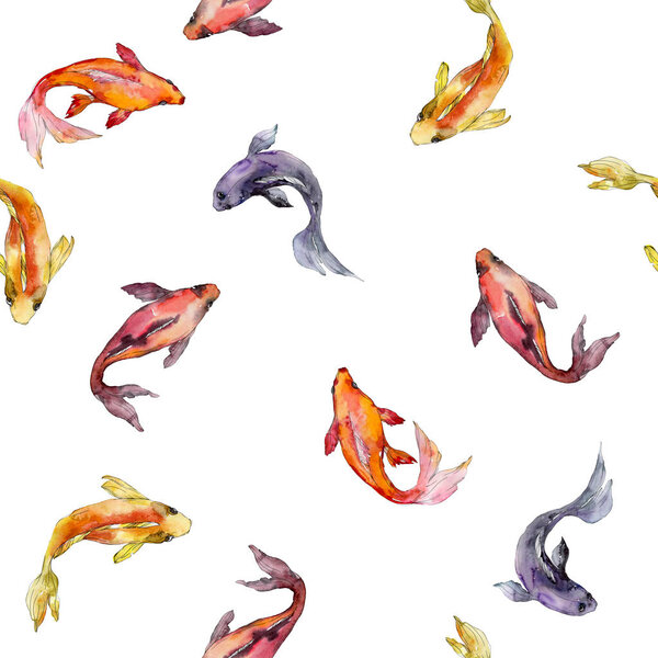 Aquatic fish set. Red sea and exotic fishes inside: Goldfish. Watercolor illustration set. Watercolour drawing fashion aquarelle. Seamless background pattern. Fabric wallpaper print texture.