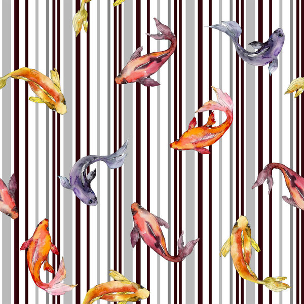 Aquatic fish set. Red sea and exotic fishes inside: Goldfish. Watercolor illustration set. Watercolour drawing fashion aquarelle. Seamless background pattern. Fabric wallpaper print texture.