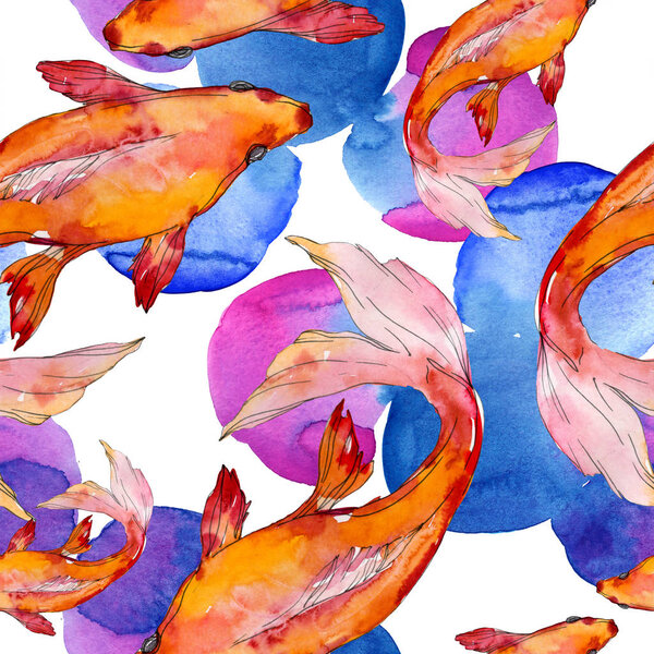 Aquatic fish set. Red sea and exotic fishes inside: Goldfish. Watercolor illustration set. Watercolour drawing fashion aquarelle. Seamless background pattern. Fabric wallpaper print texture.