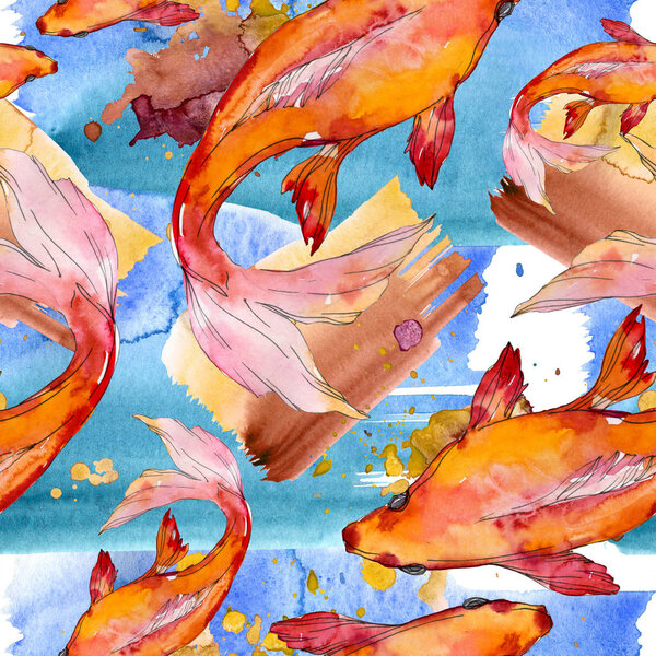 Aquatic fish set. Red sea and exotic fishes inside: Goldfish. Watercolor illustration set. Watercolour drawing fashion aquarelle. Seamless background pattern. Fabric wallpaper print texture.