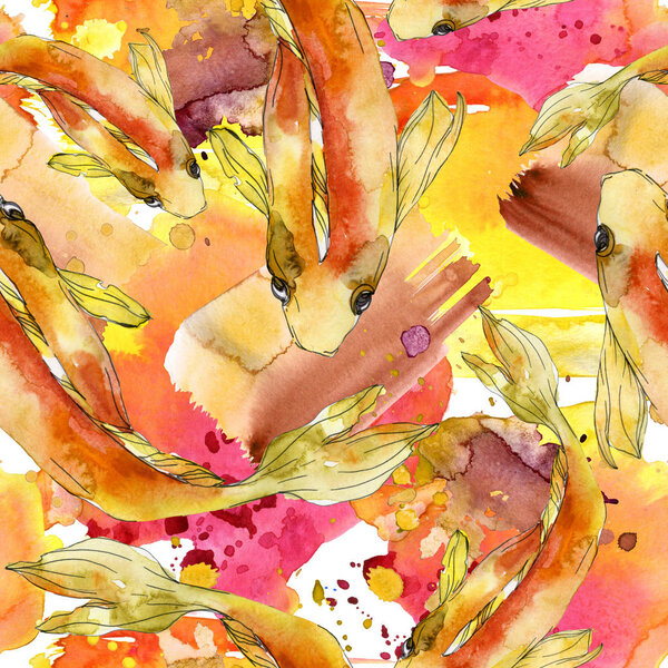 Aquatic fish set. Red sea and exotic fishes inside: Goldfish. Watercolor illustration set. Watercolour drawing fashion aquarelle. Seamless background pattern. Fabric wallpaper print texture.