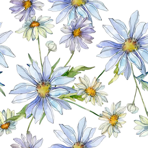 Daisies Green Leaves Watercolor Illustration Seamless Background Pattern — Stock Photo, Image