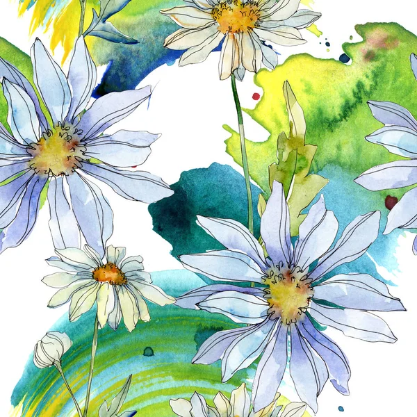 Daisies Green Leaves Watercolor Illustration Seamless Background Pattern — Stock Photo, Image