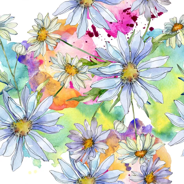 Gänseblümchen Mit Grünen Blättern Aquarell Illustration Nahtlose Hintergrundmuster — Stockfoto