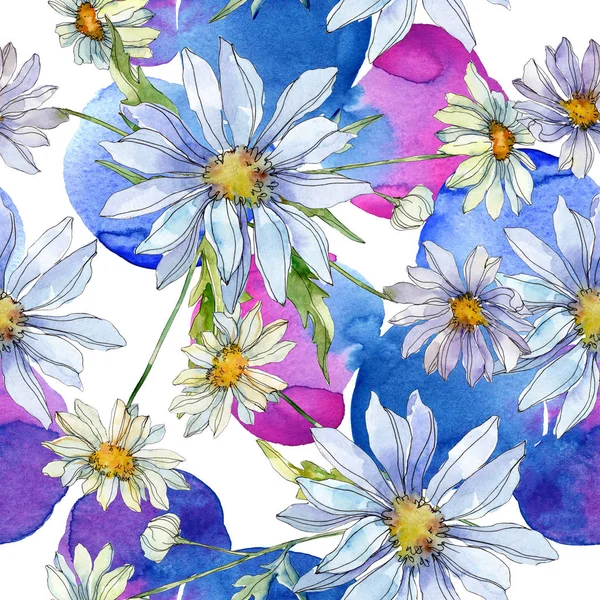 Daisies Green Leaves Watercolor Illustration Seamless Background Pattern — Stock Photo, Image