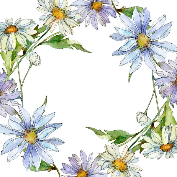 Daisies Green Leaves Watercolor Illustration Set Frame Border Ornament Copy — Stock Photo, Image