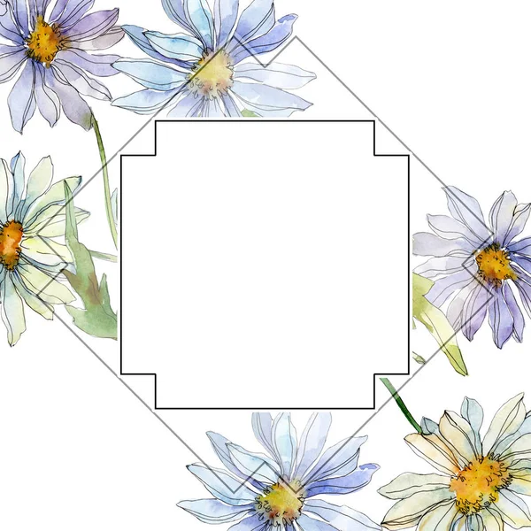 Marguerites Avec Feuilles Vertes Aquarelle Jeu Illustration Cadre Bordure Ornement — Photo