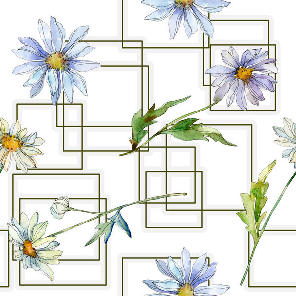 daisies with green leaves watercolor illustration, seamless background pattern