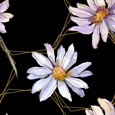 Chamomiles ve papatya yeşil yaprakları suluboya resim, sorunsuz arka plan deseni