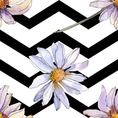 Chamomiles ve papatya yeşil yaprakları suluboya resim, sorunsuz arka plan deseni