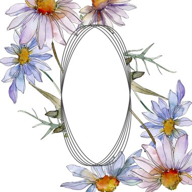 Chamomiles ve papatya ile yeşil yaprakları suluboya resim hazır, çerçeve kenarlık süsleme kopya alanı ile