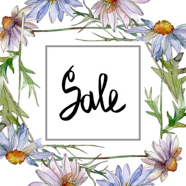 Chamomiles ve papatya ile yeşil yaprakları suluboya resim hazır, çerçeve kenarlık süsleme Satılık yazı ile