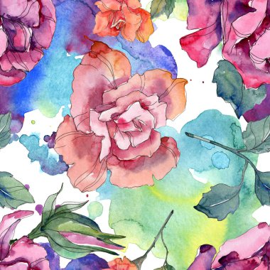 Kırmızı ve pembe Gül botanik çiçek. Vahşi bahar yaprak izole. Suluboya resim kümesi. Suluboya çizim moda aquarelle. Sorunsuz arka plan deseni. Kumaş duvar kağıdı yazdırma doku.