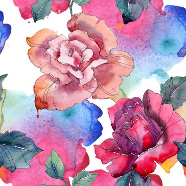 Kırmızı ve pembe Gül botanik çiçek. Vahşi bahar yaprak izole. Suluboya resim kümesi. Suluboya çizim moda aquarelle. Sorunsuz arka plan deseni. Kumaş duvar kağıdı yazdırma doku.