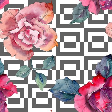 Kırmızı ve pembe Gül botanik çiçek. Vahşi bahar yaprak izole. Suluboya resim kümesi. Suluboya çizim moda aquarelle. Sorunsuz arka plan deseni. Kumaş duvar kağıdı yazdırma doku.