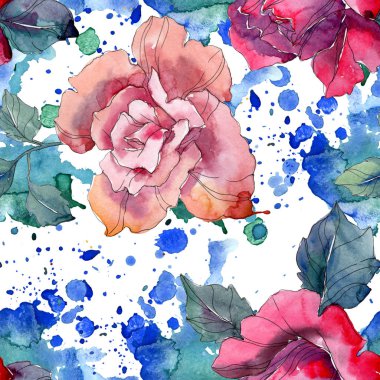 Kırmızı ve pembe Gül botanik çiçek. Vahşi bahar yaprak izole. Suluboya resim kümesi. Suluboya çizim moda aquarelle. Sorunsuz arka plan deseni. Kumaş duvar kağıdı yazdırma doku.