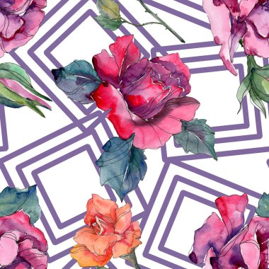 Kırmızı ve pembe Gül botanik çiçek. Vahşi bahar yaprak izole. Suluboya resim kümesi. Suluboya çizim moda aquarelle. Sorunsuz arka plan deseni. Kumaş duvar kağıdı yazdırma doku.
